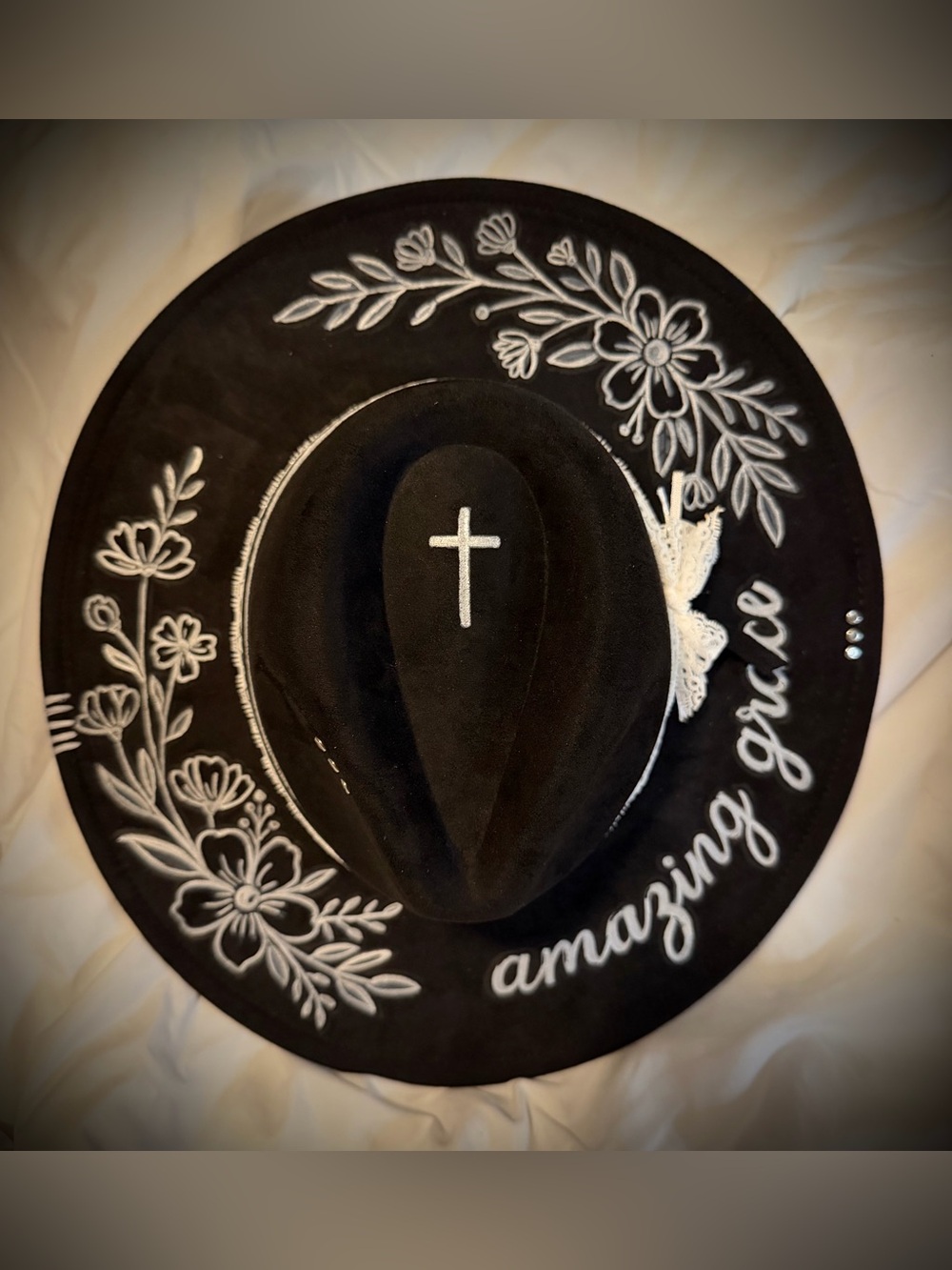 Black Vegan Suede Hat with hand painted White Floral Script